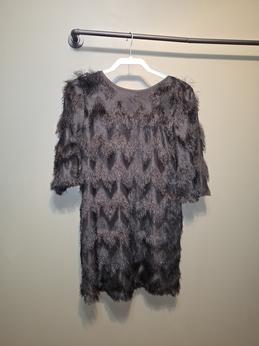 Black Feather-Trim Midi Dress with 3/4 Sleeves